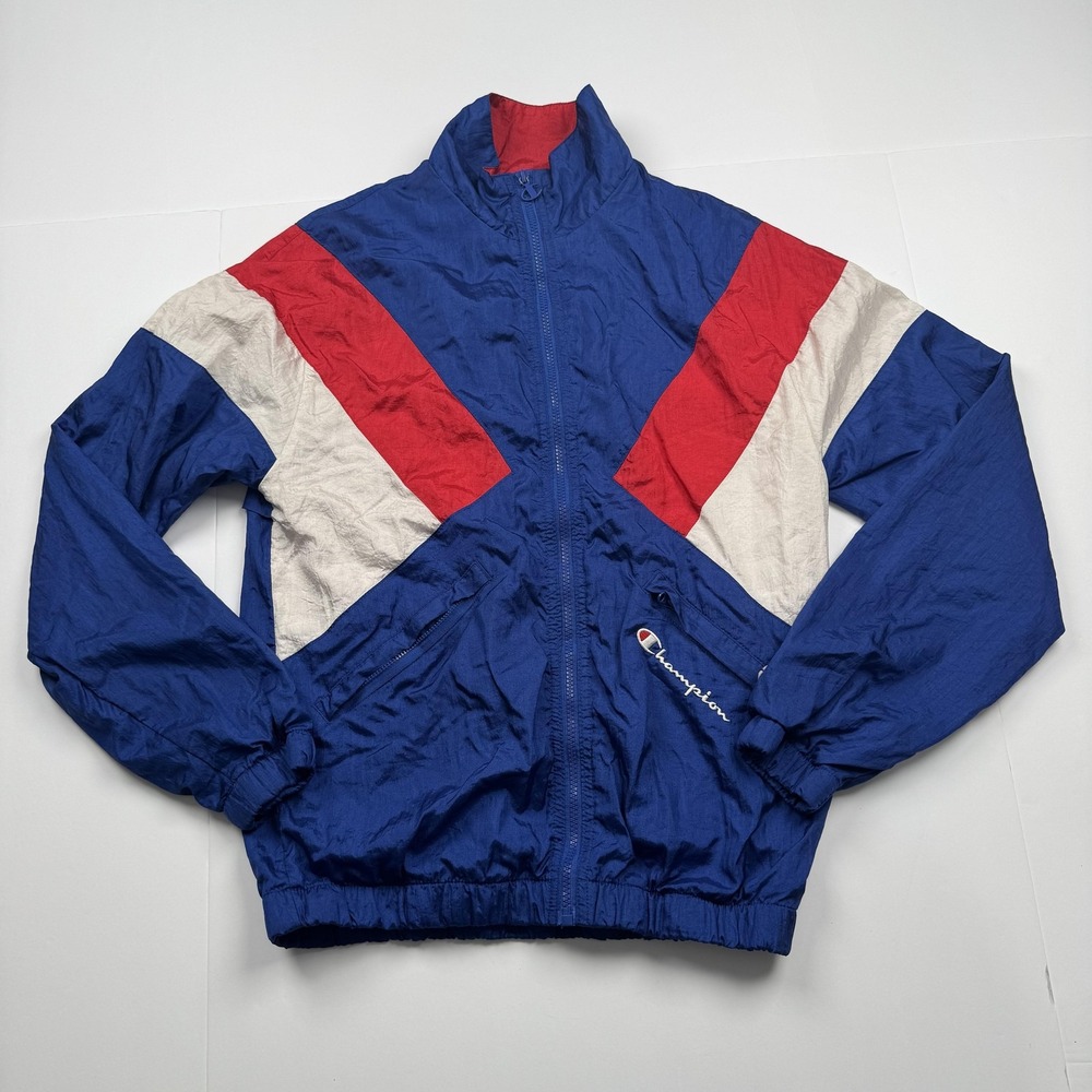 Champion Jacket Mens Small Blue Red White Windbreaker Full Zip Retro Track Nylon